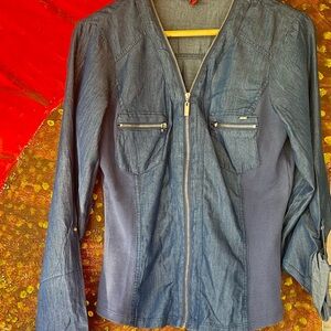 GUESS Los Angeles Chambray Zip-Front Jacket with Ribbed Knit Panels - Size M